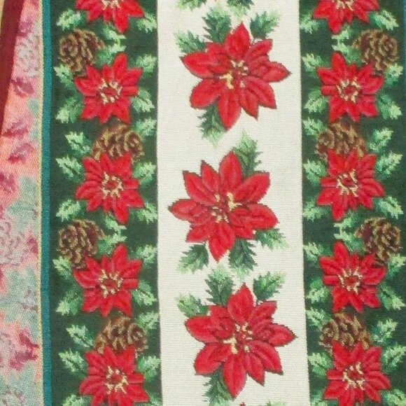 Tapestry Poinsettia Christmas Table Runner With Red Tassels 35" X 13" Festive Fl - Picture 5 of 6